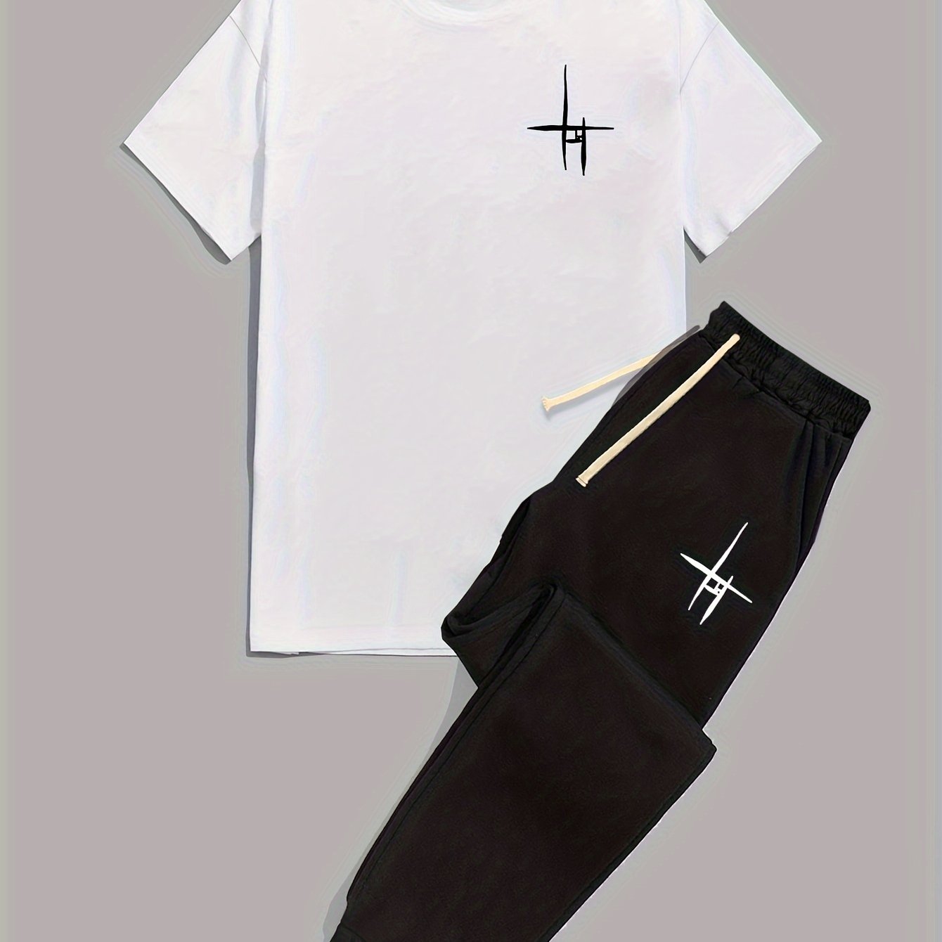 Mens 2 Piece Fashion Outfit Set - Bold Line Pattern Tee & Drawstring Sweatpants - Casual, Comfortable, and Stylish