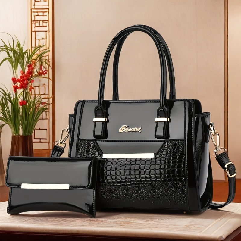 Vintage-Inspired Women'S Handbag Set with Crocodile Pattern - Large Capacity Tote and Crossbody Bags, Black, Golden Zipper Accents, Polyester Lined, Zippered Closure