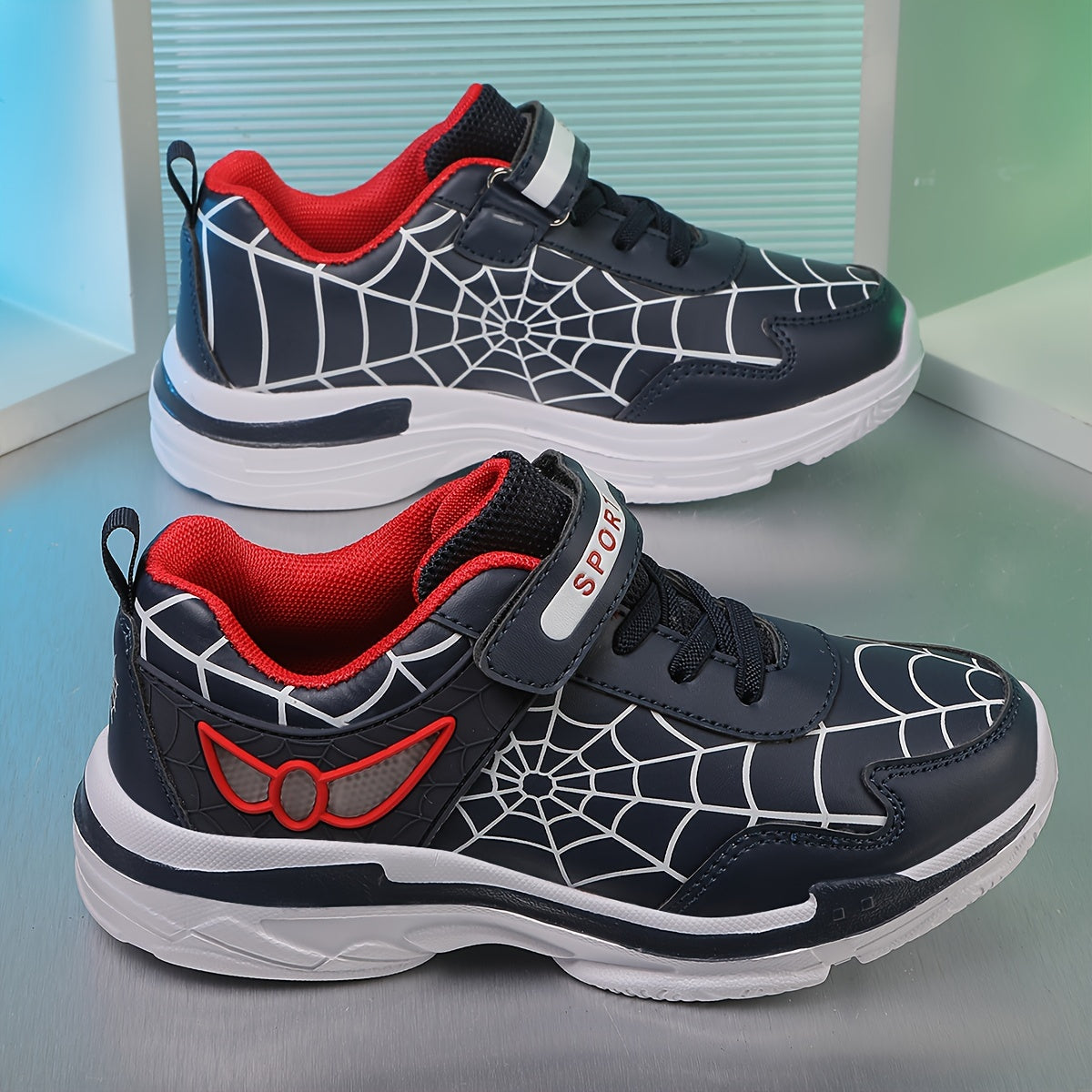 Kids Fashion Sneakers Breathable Lightweight Sport Casual Shoes with Cartoon Spider Web Design, Closure, Low Top PU and Fabric for Boys and Girls – Versatile All-Season Footwear for Outdoor Activities
