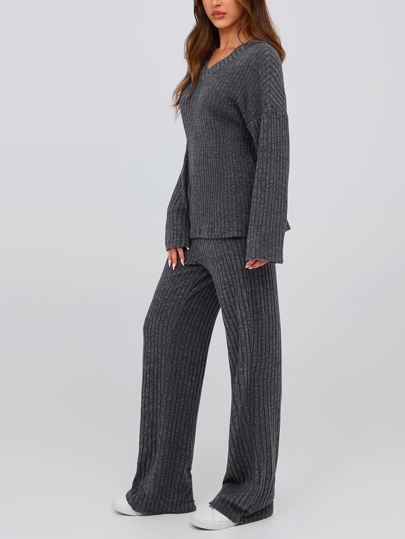 [Ribbed Knit Lounge Sets] 2pcs Ribbed Knit Lounge Sets - Women's Long Sleeve V Neck Pullover Tops Wide Leg Pants for Fall Winter Outfits