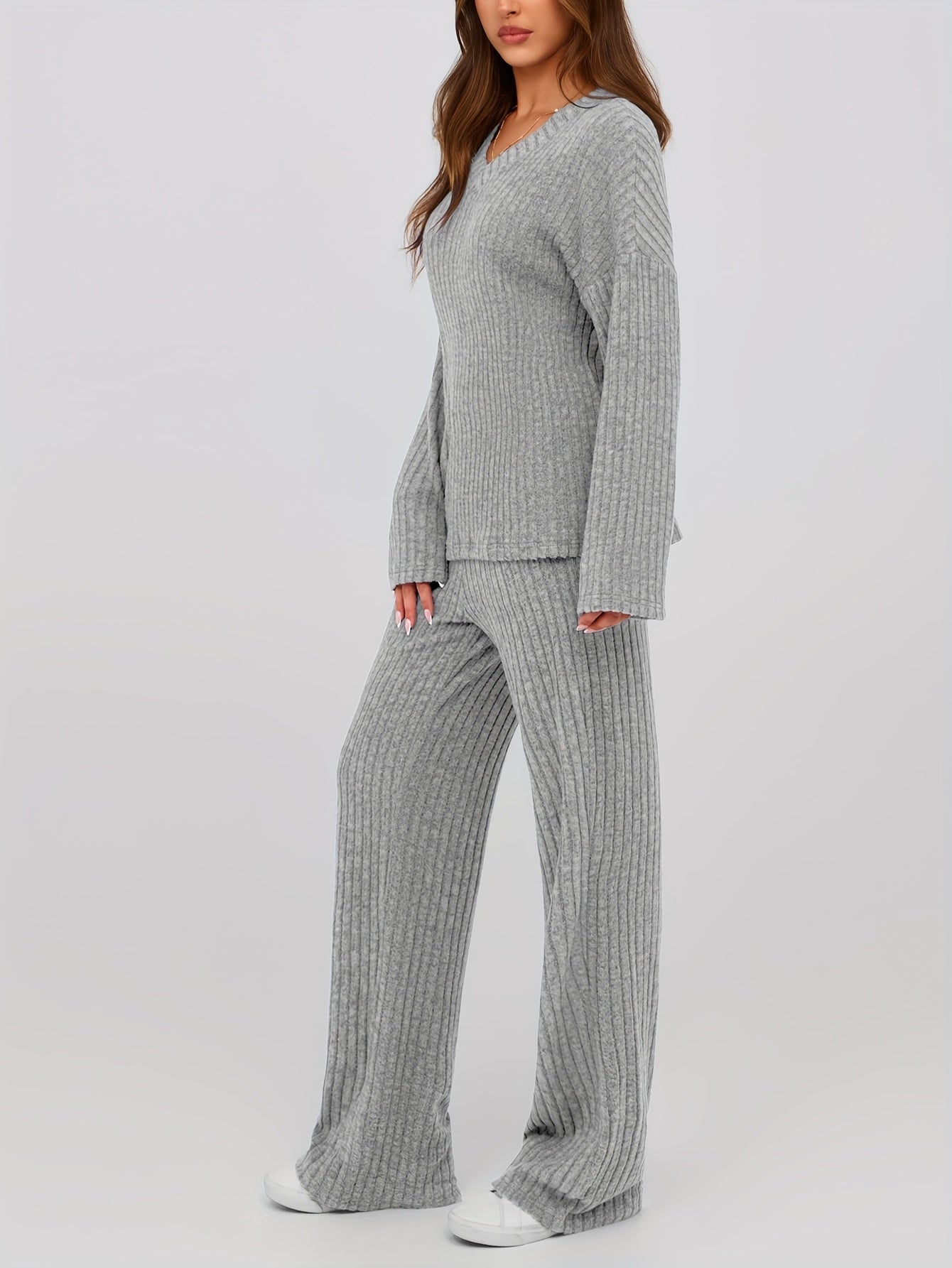 [Ribbed Knit Lounge Sets] 2pcs Ribbed Knit Lounge Sets - Women's Long Sleeve V Neck Pullover Tops Wide Leg Pants for Fall Winter Outfits
