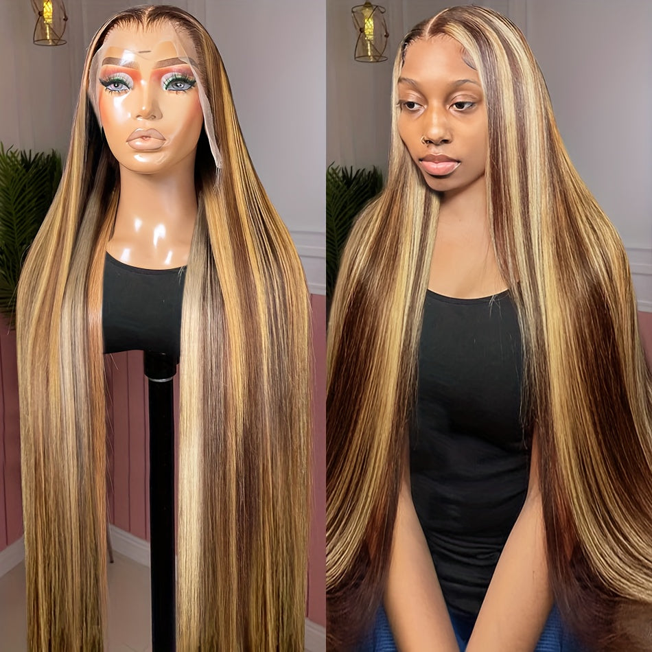 13x4 HD Lace Front Peruvian Remy Human Hair Wigs - Bone Straight Glueless Transparent Ombre Brown P4/27 - 28 30 32 Inch Lace Closure Wig Pre Plucked Colored Wig