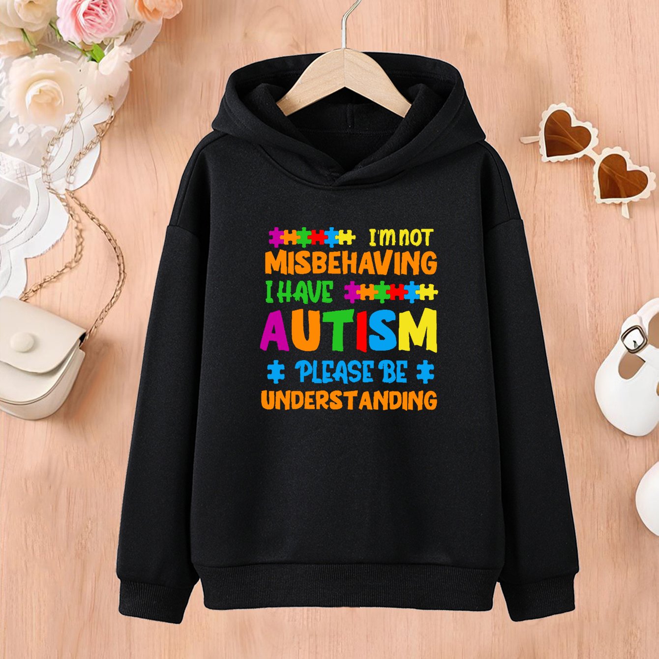 Kids' Fashion Hoodie with Autism Awareness Message, Polyester Knit Fabric, Casual Regular Fit, Hooded Style for Children 12 and Under, Comfortable Slight Stretch Material, Spring/Fall Season – Unisex Pullover with Creative