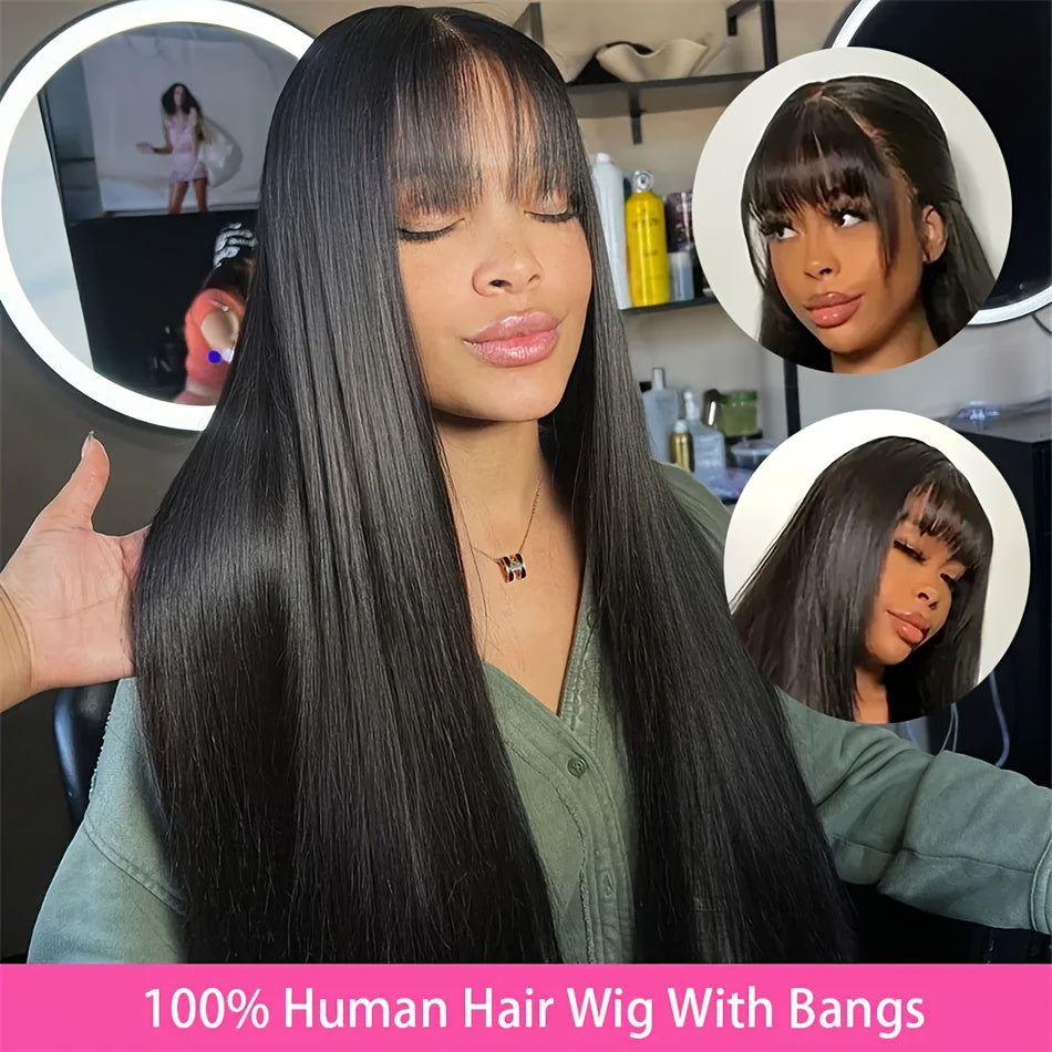 Wig With Bangs Straight Human Hair Wigs For Brazilian Women 200% Density Natural Color Full Machine Made Wigs Glueless Wig 100% Human Hair