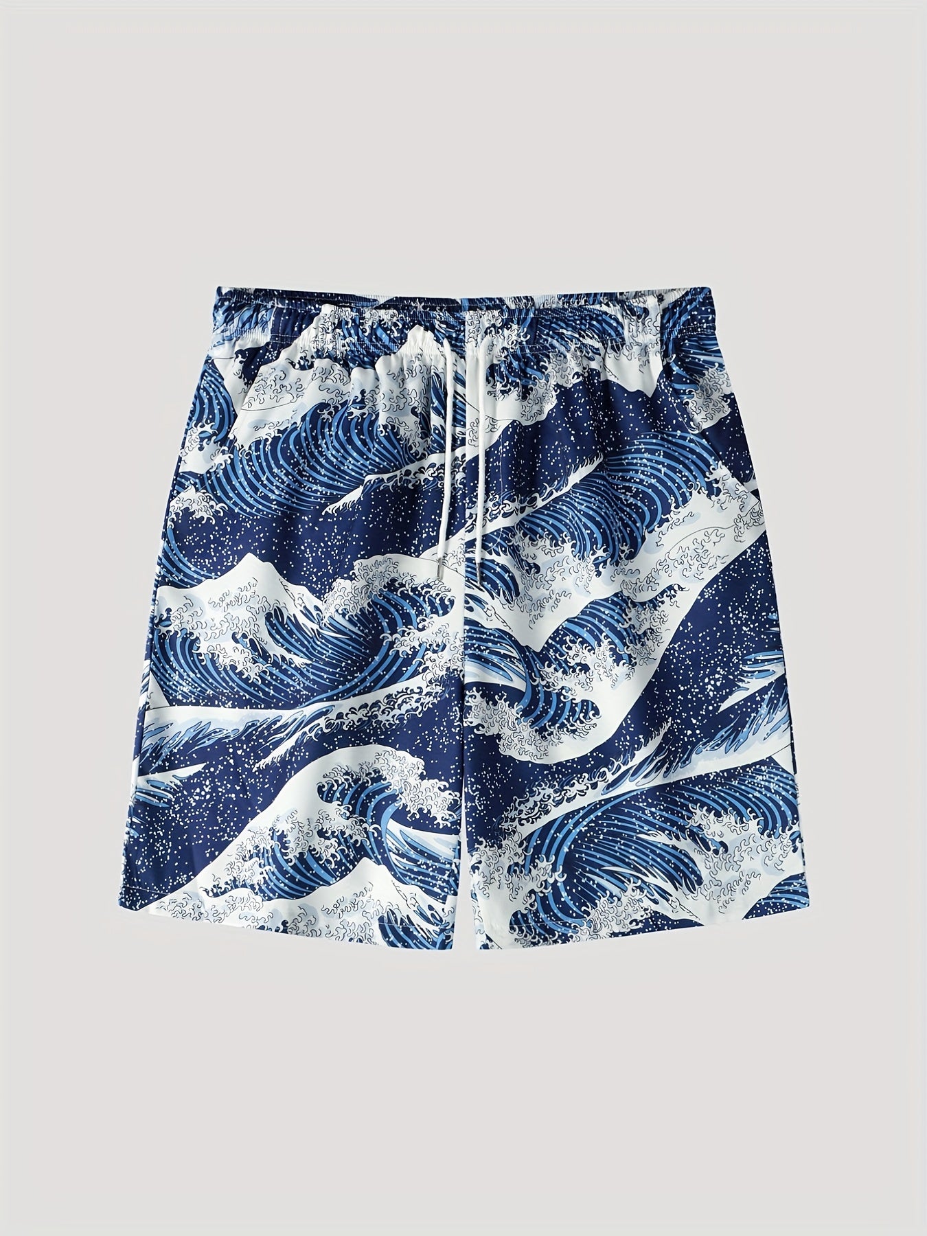 Sea Waves Full Pattern, Men's 2 Piece Outfits, Revere Collar Short Sleeve Hawaiian Shirt & Drawstring Loose Trendy Shorts Sets, Mens Clothes