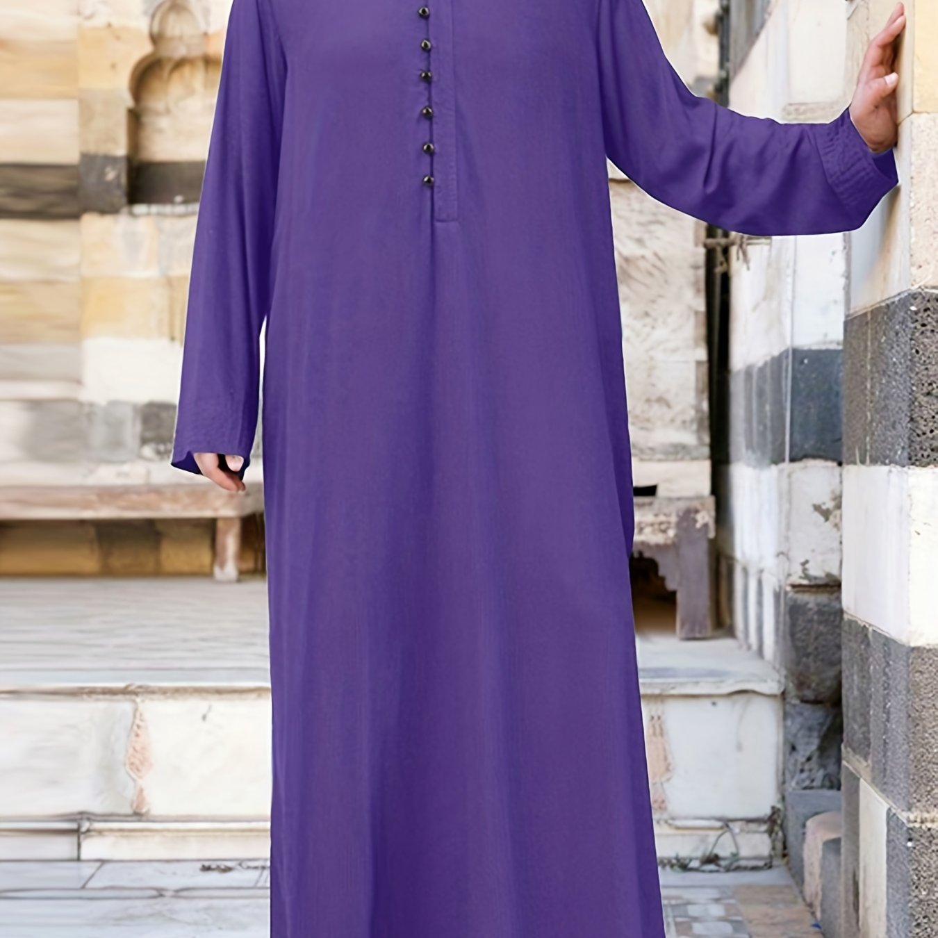 INCERUN Mens Solid Color Long Sleeve Off the Shoulder Thin Thobe Stand Collar Casual Burqa - Polyester Woven Fabric, Regular Fit, Spring Season, Non-Stretch, No Sheer - Perfect for Ramadan, Eid Al-Adha Celebrations