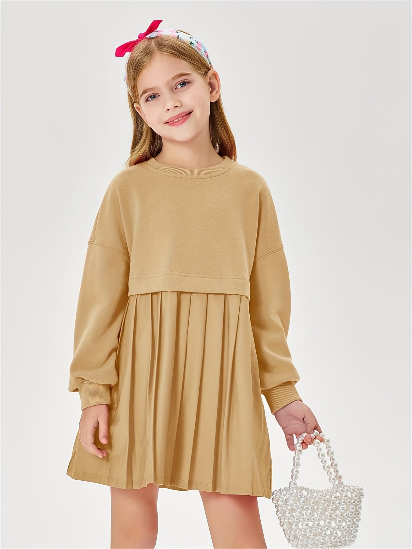 Girls Pleated Sweatshirt Dresses Kids Fashion Long Sleeve Crew Neck Mini Dress