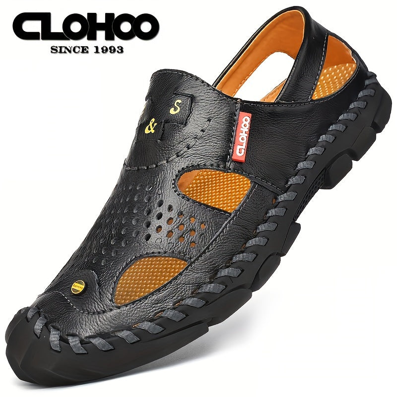 CLOHOO Mens Round Toe Sandals - Durable Handmade Stitching, Non-Slip Rubber Sole, Comfortable PU Insole, Breathable Fabric Lining, Second Layer Cowhide Upper, Slip-On Closure, Perfect for Indoor, Outdoor, Beach, Vacation, Spr