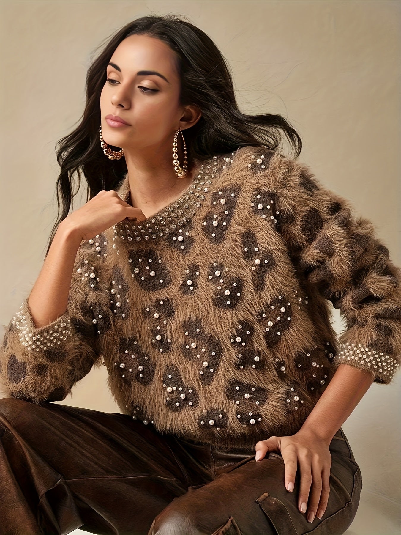 Women's Retro Leopard Print & Rhinestone Sweater - Soft Stretchy Pullover with Pearl Accents, Round Neck Long Sleeve Casual Winter Top for Fall & Winter Outfits