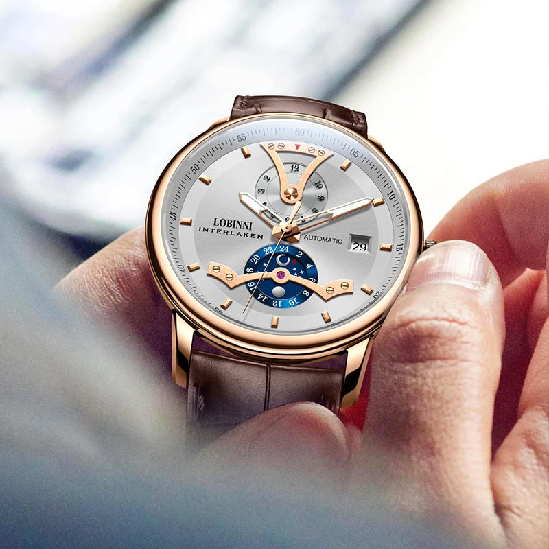 For LOBINNI High Quality Mechanical Men's Watch Famous Designer Brand Stainless Steel Leather Strap Year Date Display Classic
