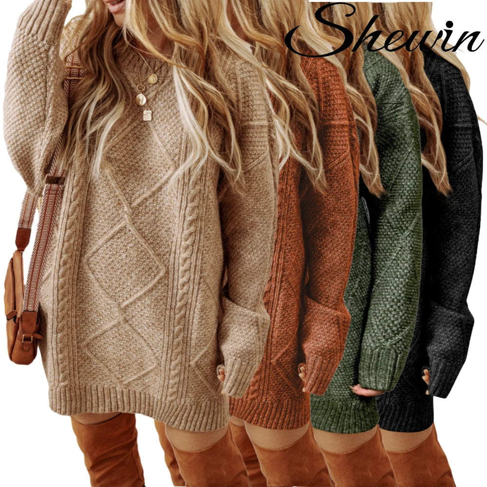 Shewin Women's Cable Knit Dress Drop Shoulder Loose Fit Sweater Dress for Women Long Sleeve