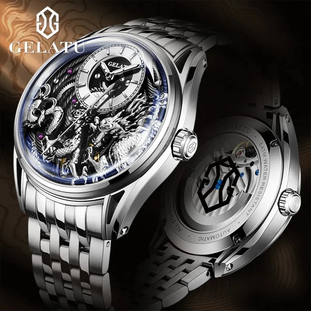 Gelatu 6018 Mens Style Automatic Mechanical Wristwatch 3D Dragon Waterproof Luminous Hands Stainless Steel Strap Watches for Men