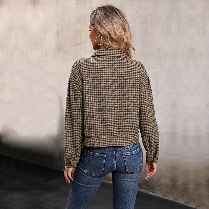 Fine Grid Striped Lapel Button Cardigan Sexy Autumn and Winter Long Sleeved Short Jacket Women's Retro Top Fashionable 2023