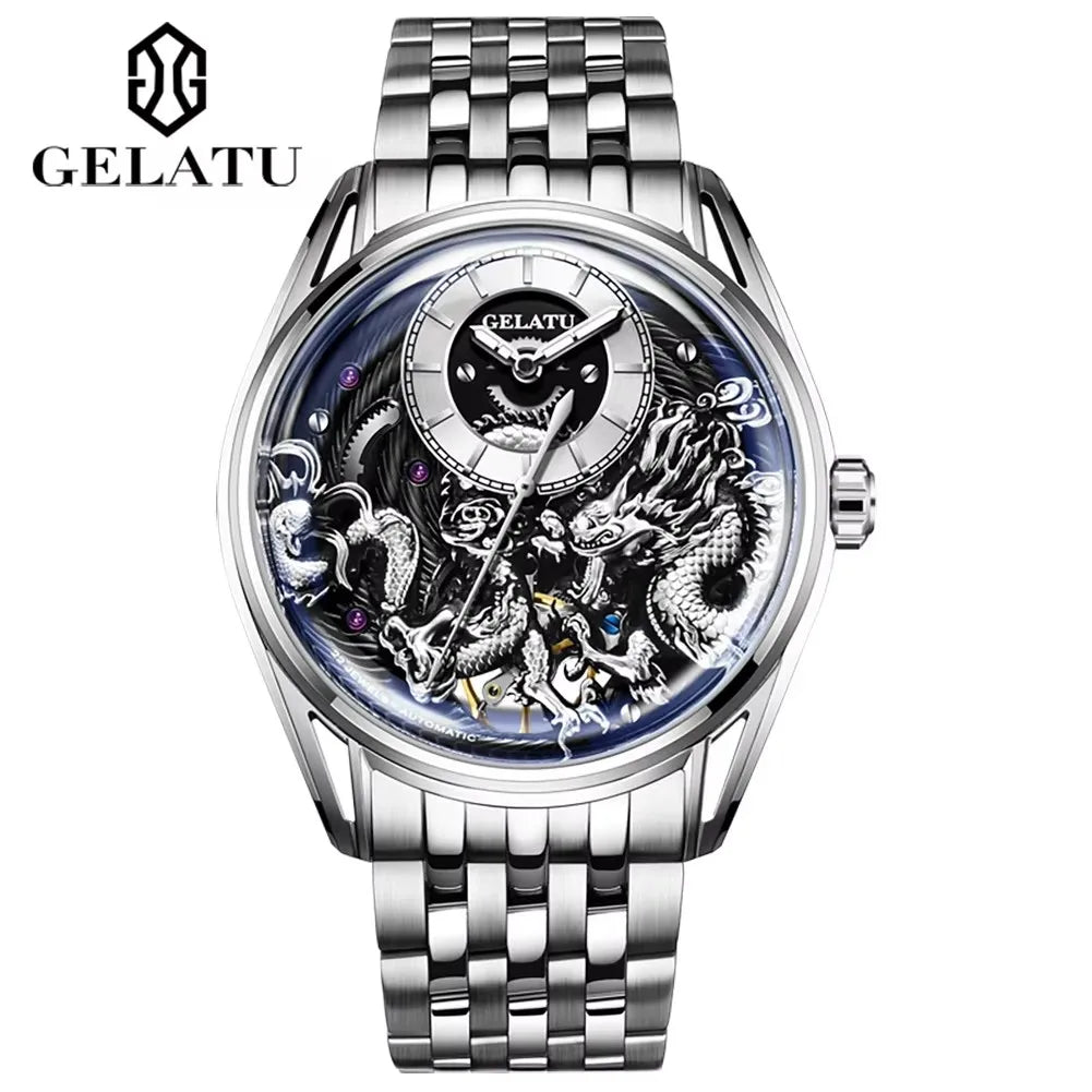 Gelatu 6018 Mens Style Automatic Mechanical Wristwatch 3D Dragon Waterproof Luminous Hands Stainless Steel Strap Watches for Men