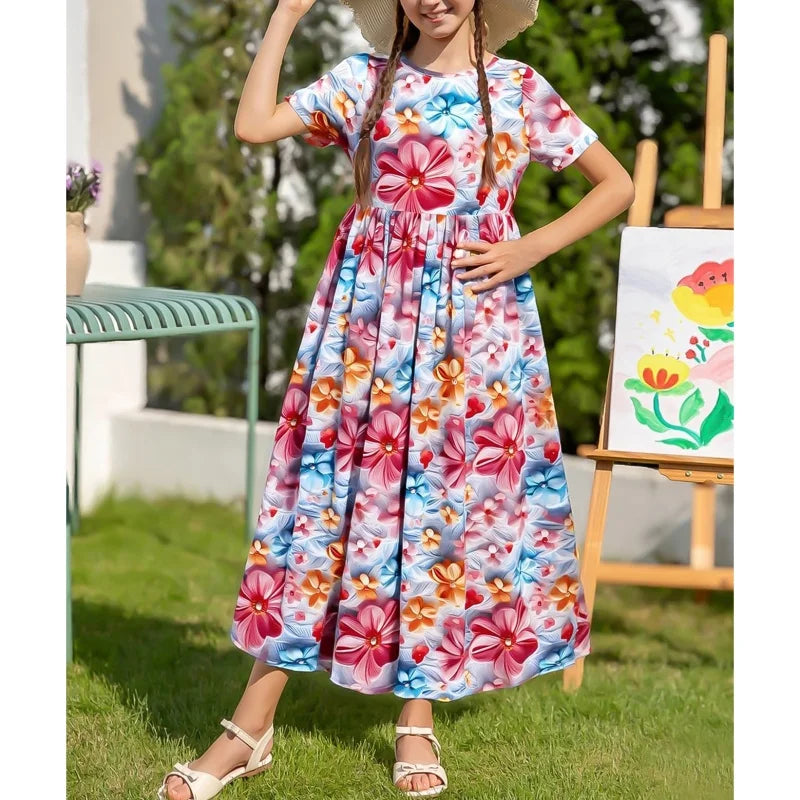 Short Summer Garden Party Elegant Midi Princess Oversized Dress for Girl