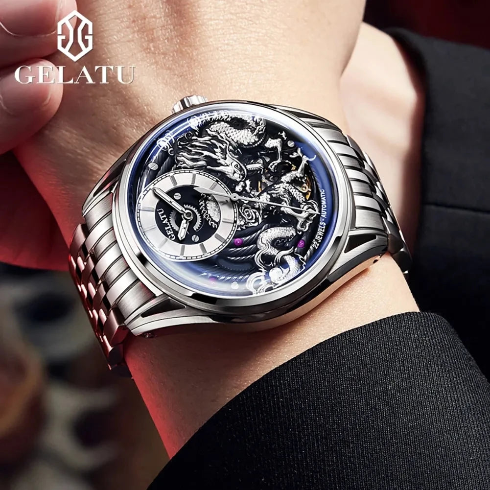 Gelatu 6018 Mens Style Automatic Mechanical Wristwatch 3D Dragon Waterproof Luminous Hands Stainless Steel Strap Watches for Men
