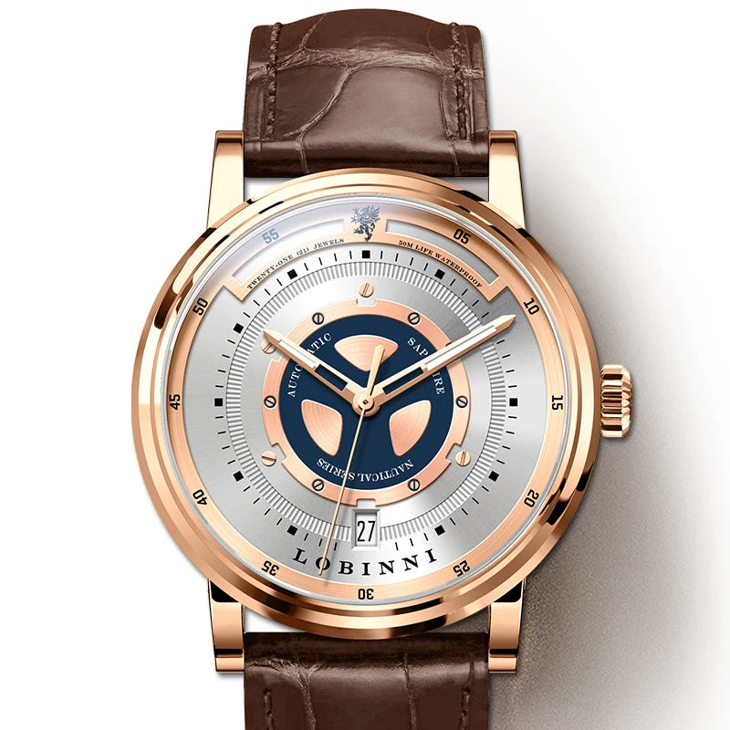 For LOBINNI High Quality Mechanical Men's Watch Famous Designer Brand Stainless Steel Leather Strap Year Date Display Classic
