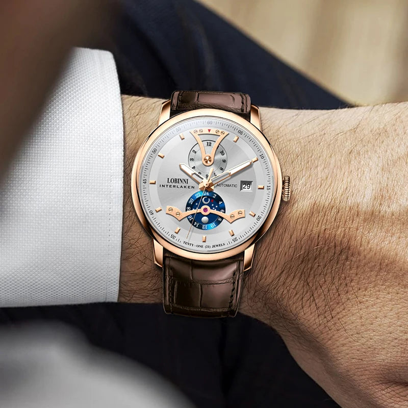 For LOBINNI High Quality Mechanical Men's Watch Famous Designer Brand Stainless Steel Leather Strap Year Date Display Classic