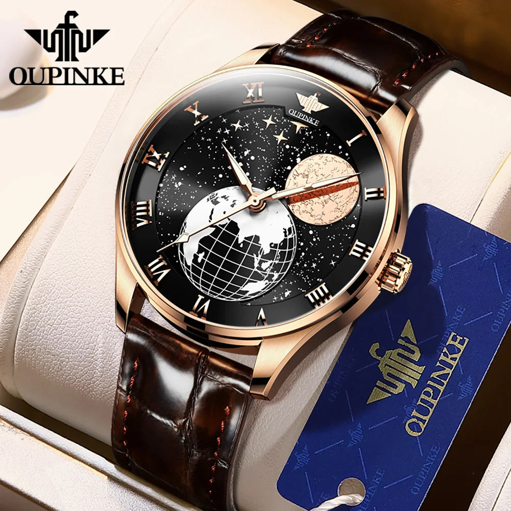 Oupinke 3177 OEM Starry Sky Moon Phase Sapphire Crystal Glass Automatic Leather Business  Male Mechanical Mens Wrist Watch