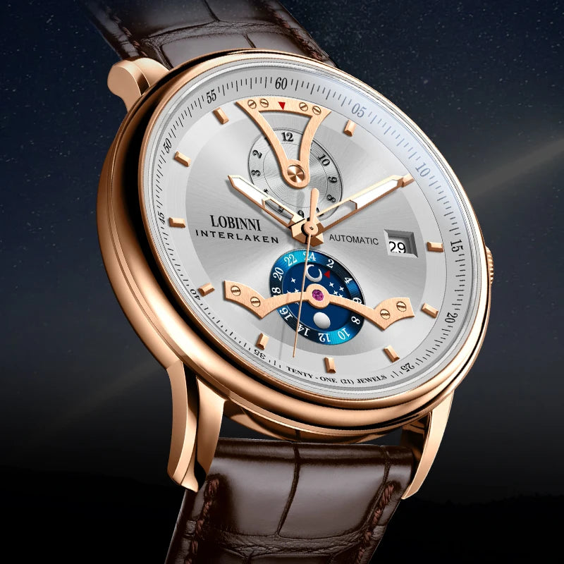 For LOBINNI High Quality Mechanical Men's Watch Famous Designer Brand Stainless Steel Leather Strap Year Date Display Classic
