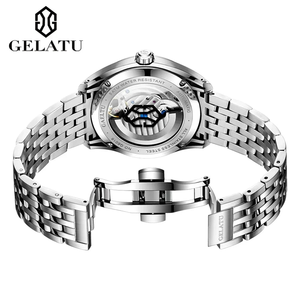 Gelatu 6018 Mens Style Automatic Mechanical Wristwatch 3D Dragon Waterproof Luminous Hands Stainless Steel Strap Watches for Men