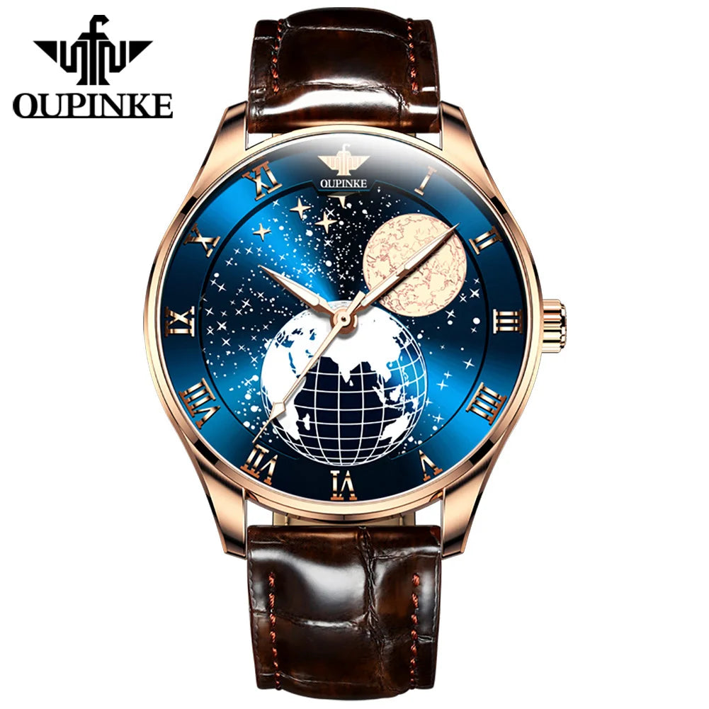 Oupinke 3177 OEM Starry Sky Moon Phase Sapphire Crystal Glass Automatic Leather Business  Male Mechanical Mens Wrist Watch