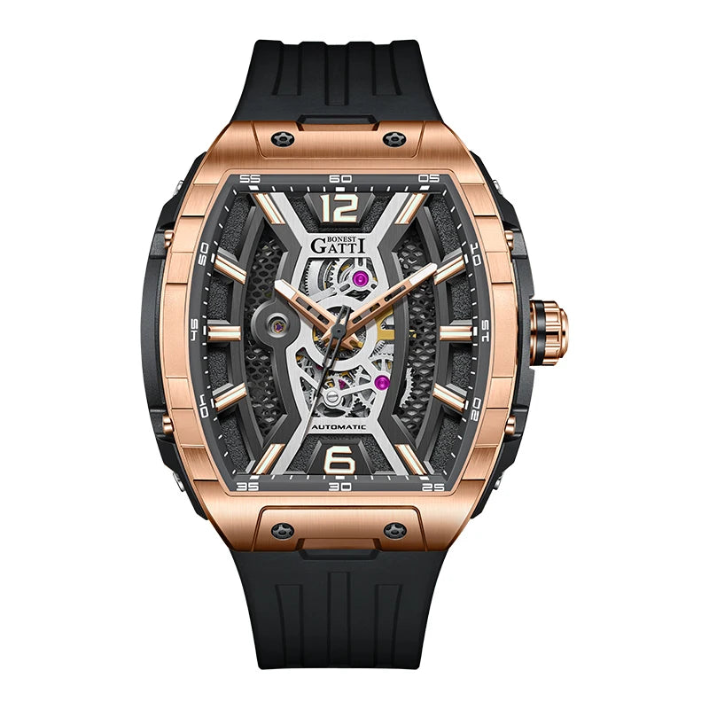 Bonest Gatti Luxury Big Skeleton Dial Mens Watch Moon Phase Tourbillon Rubber Men Automatic Watches