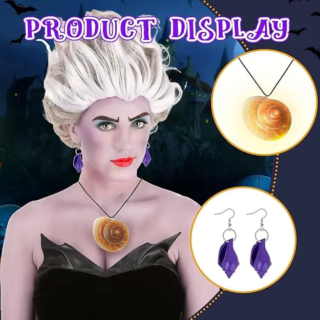 SeaShell Glow Necklace+Purple Conch Earrings Halloween Octopus Sea Witch Cosplay Costume Accessories Women, for Dress up Party