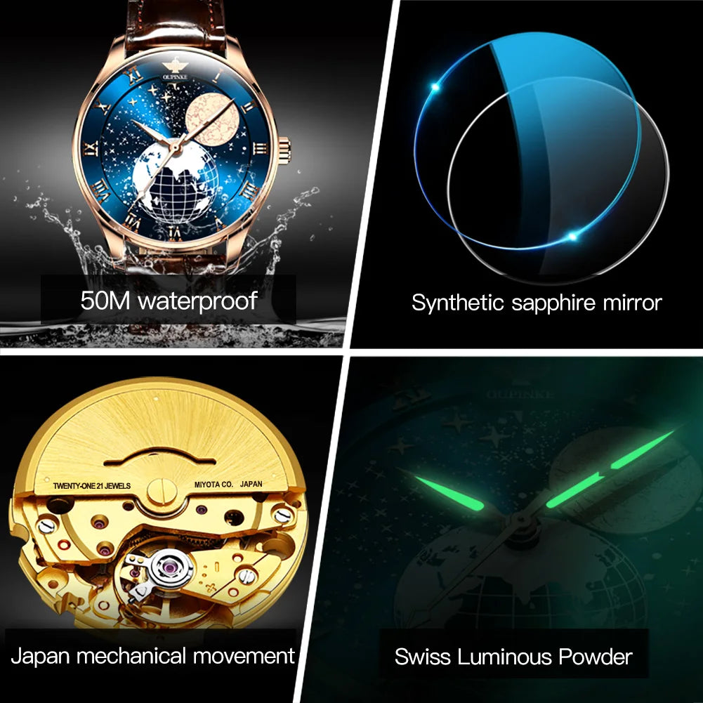 Oupinke 3177 OEM Starry Sky Moon Phase Sapphire Crystal Glass Automatic Leather Business  Male Mechanical Mens Wrist Watch