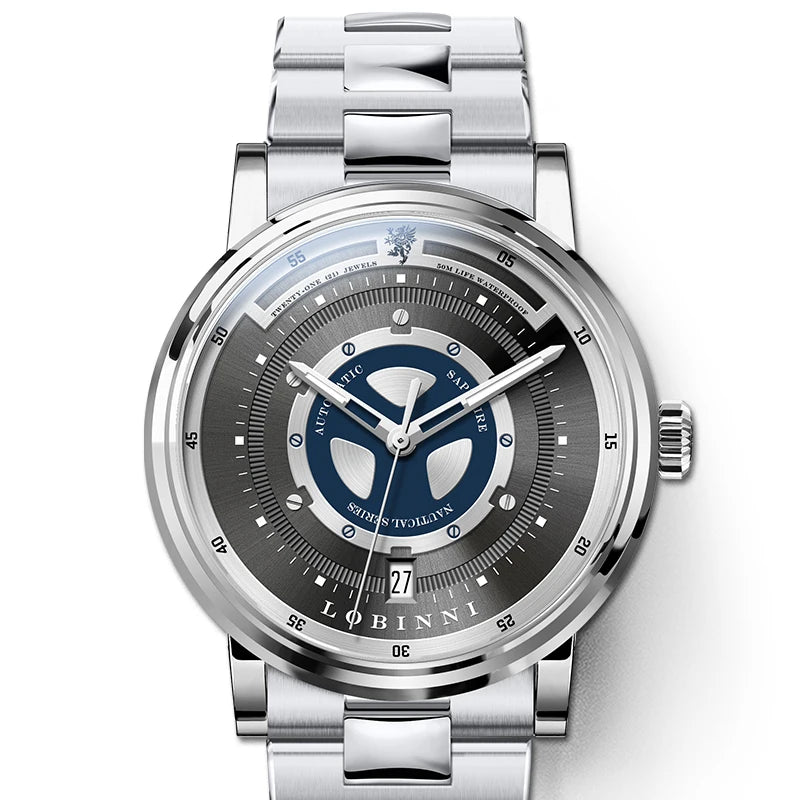 For LOBINNI High Quality Mechanical Men's Watch Famous Designer Brand Stainless Steel Leather Strap Year Date Display Classic