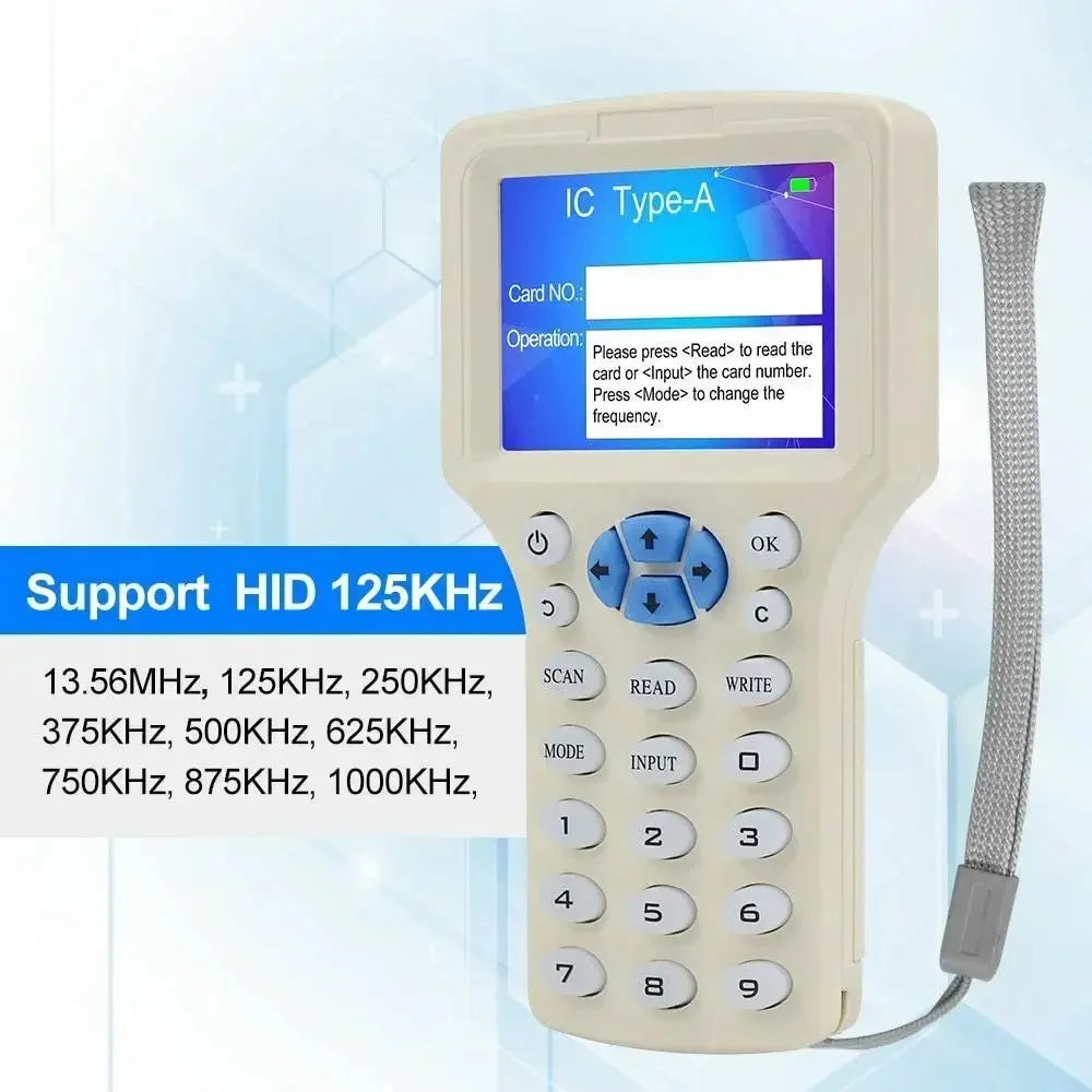 English 10 Frequency RFID Reader Writer Copier Duplicator USB Cable 125Khz 13.56Mhz LCD Screen Duplicator for Hotel Use