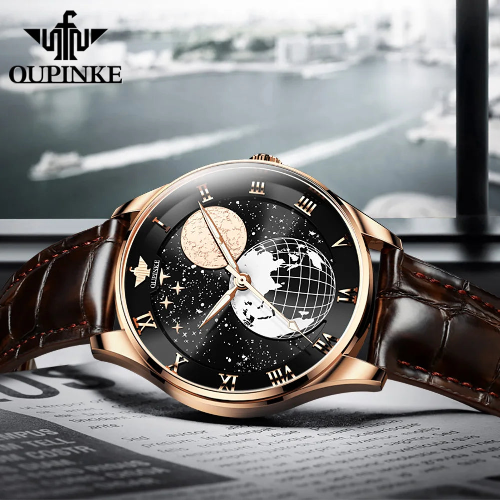 Oupinke 3177 OEM Starry Sky Moon Phase Sapphire Crystal Glass Automatic Leather Business  Male Mechanical Mens Wrist Watch