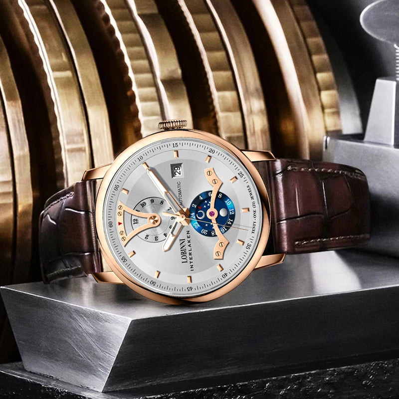 For LOBINNI High Quality Mechanical Men's Watch Famous Designer Brand Stainless Steel Leather Strap Year Date Display Classic