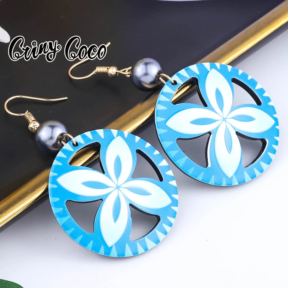 Cring Coco Women's Round Plumeria Drop Earrings Fashion Jewelry 2021 Hawaiian Flag Acrylic Resin Dangle Earring for Women Paty
