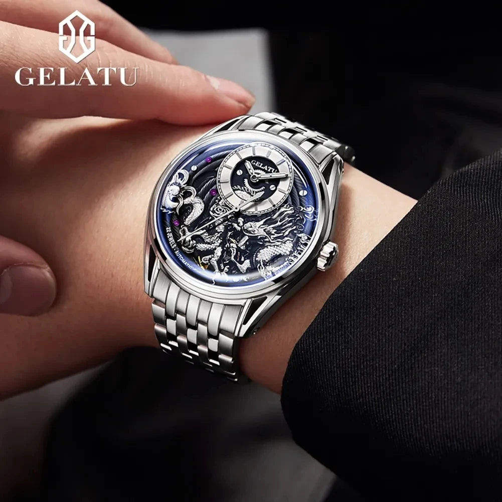 Gelatu 6018 Mens Style Automatic Mechanical Wristwatch 3D Dragon Waterproof Luminous Hands Stainless Steel Strap Watches for Men
