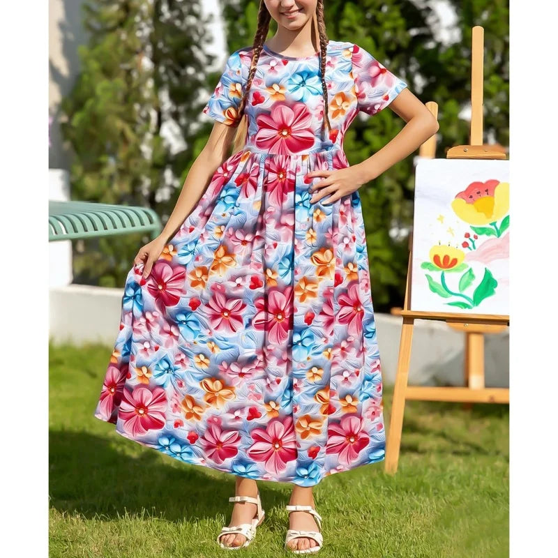 Short Summer Garden Party Elegant Midi Princess Oversized Dress for Girl