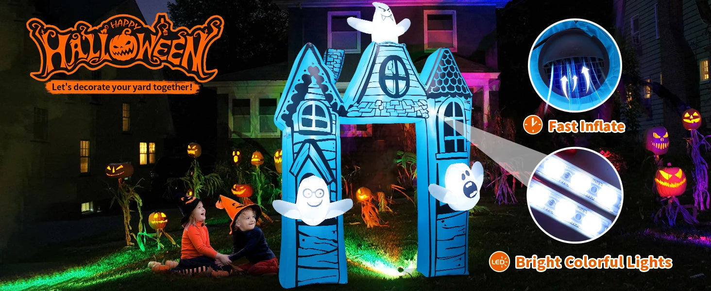 GOOSH 11.8 FT Halloween Inflatables Outdoor Indoor Party Decor Ancient Castle Archway Ghost Built-in LEDs Blow Yard Decorations