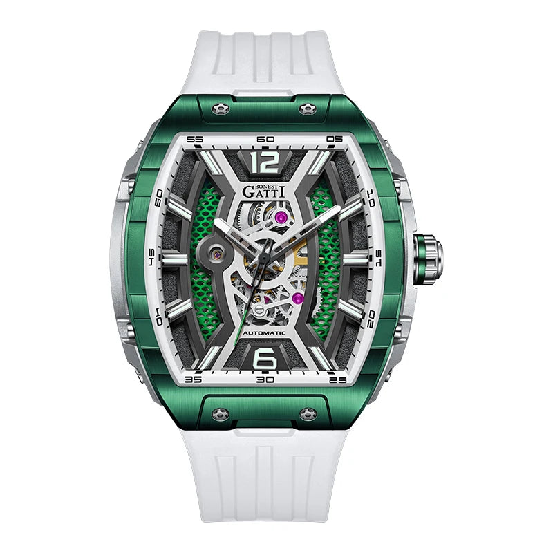 Bonest Gatti Luxury Big Skeleton Dial Mens Watch Moon Phase Tourbillon Rubber Men Automatic Watches