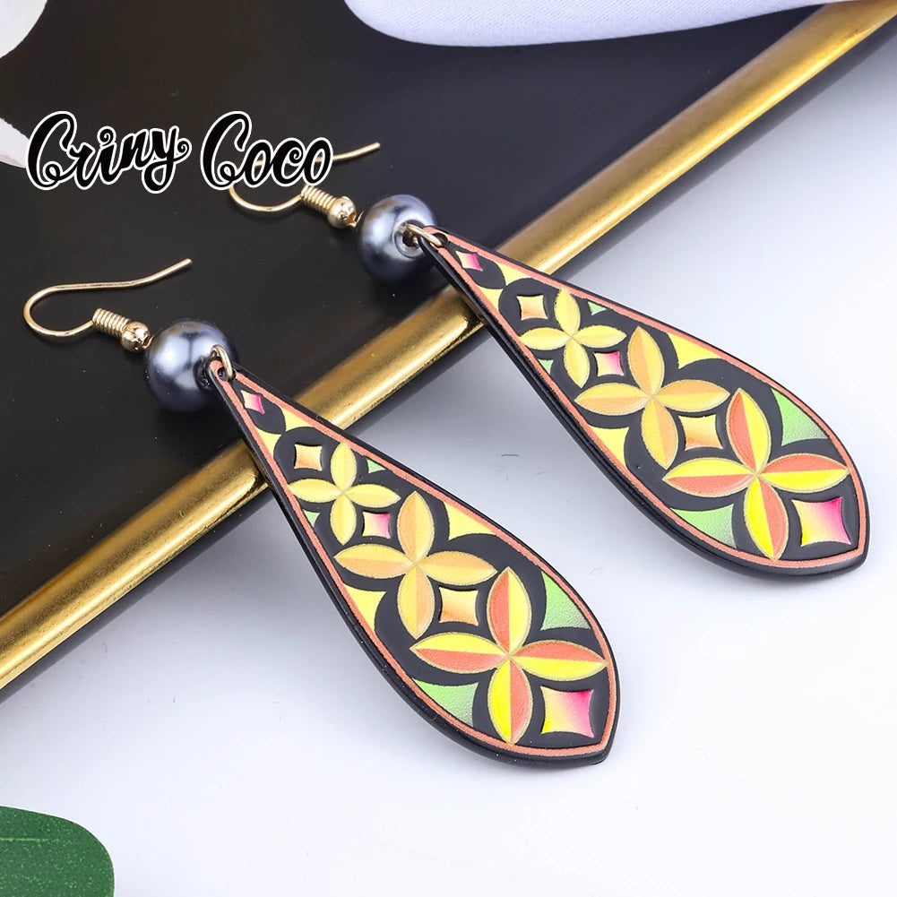 Cring Coco Women's Round Plumeria Drop Earrings Fashion Jewelry 2021 Hawaiian Flag Acrylic Resin Dangle Earring for Women Paty