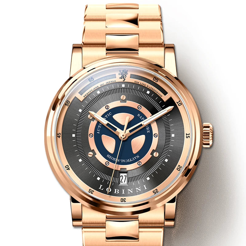 For LOBINNI High Quality Mechanical Men's Watch Famous Designer Brand Stainless Steel Leather Strap Year Date Display Classic