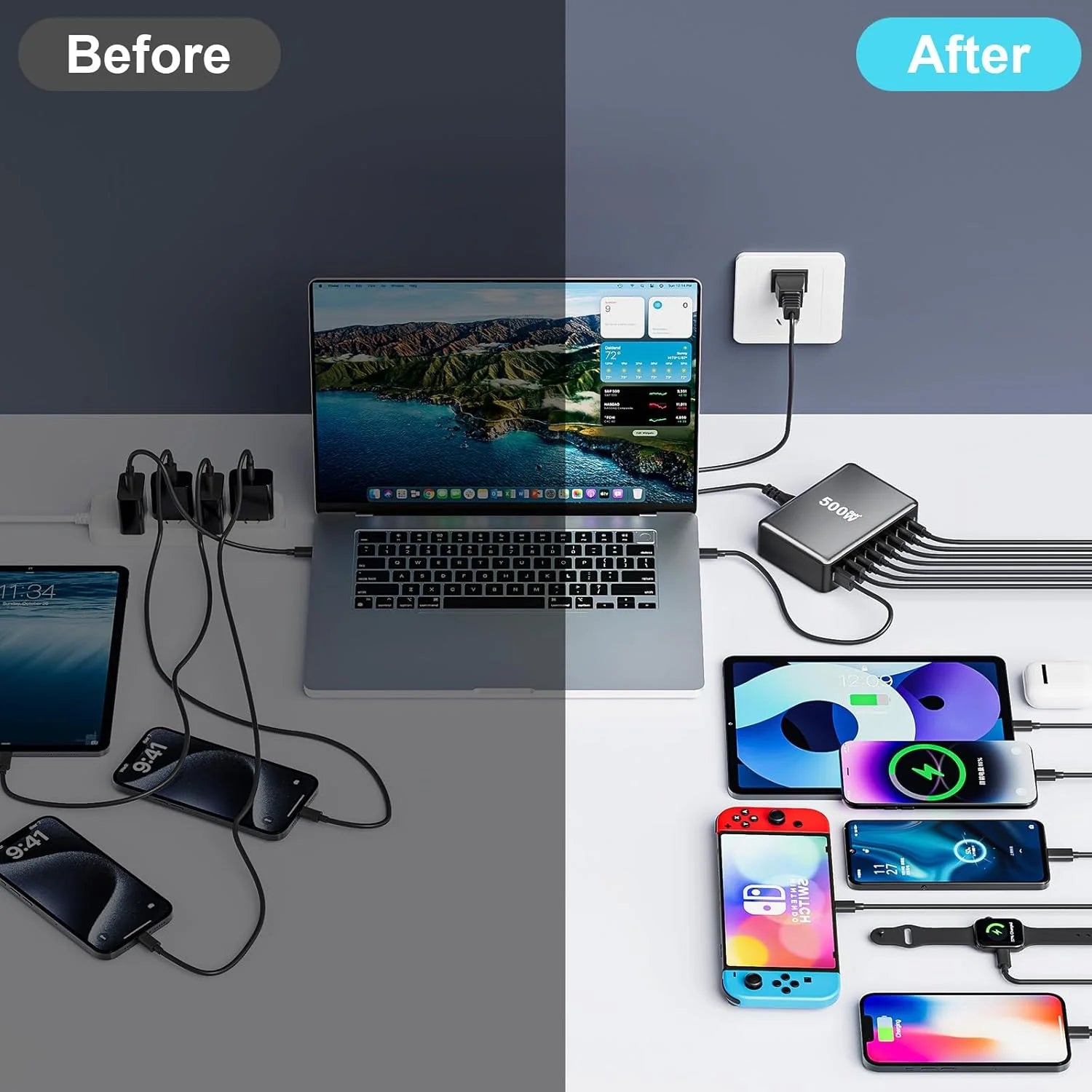 8 Port USB Charging Station 500W GaN USB C Fast Charger Block with 100W PD PPS Port SCP Function Fast Charging Laptop Charger