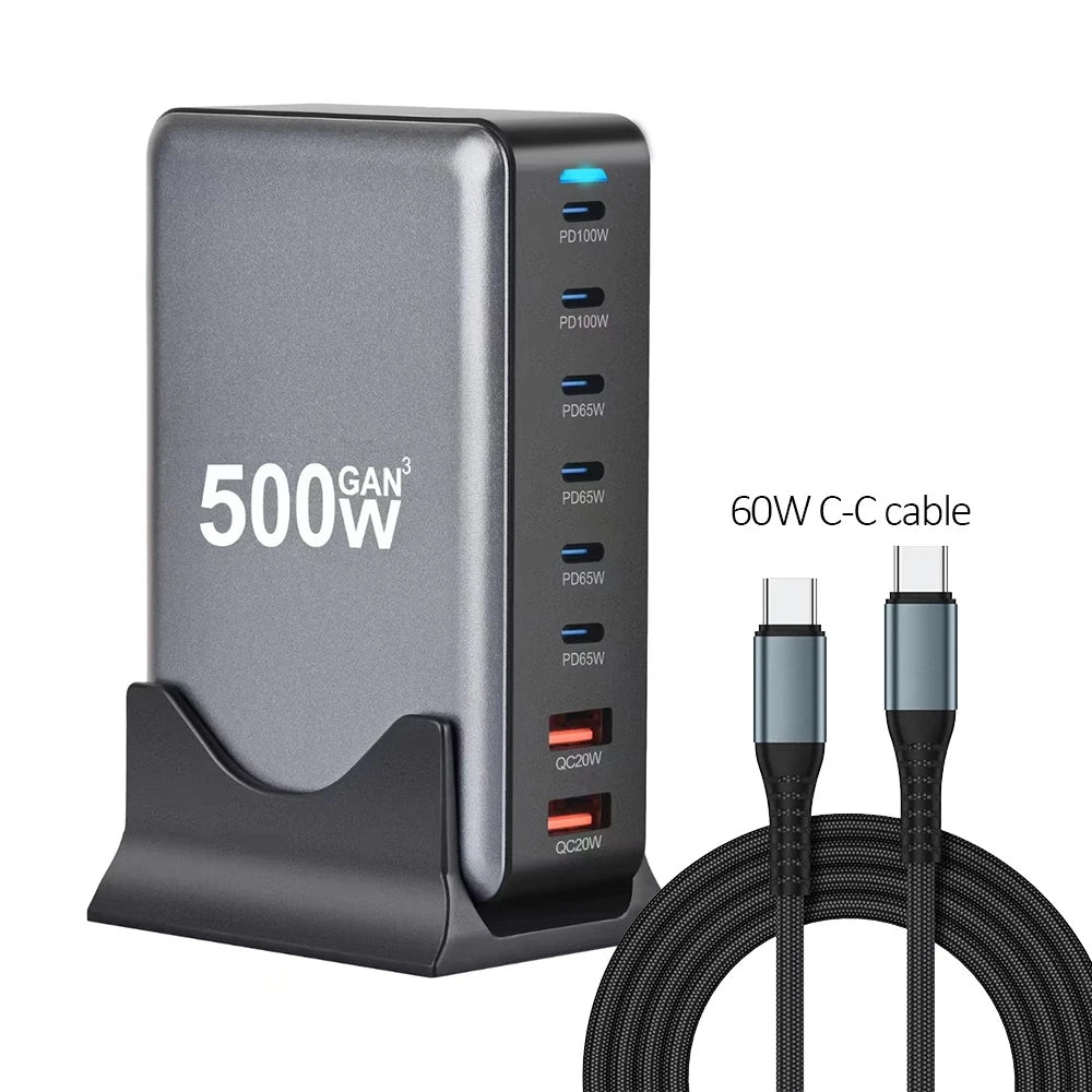 8 Port USB Charging Station GaN 500W USB-C Fast Charger Block 100W PD PPS Port 100% Fast Charging Laptop Wall Charger Microphone