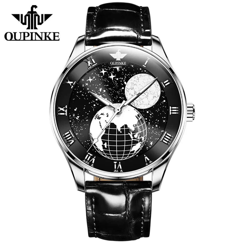 Oupinke 3177 OEM Starry Sky Moon Phase Sapphire Crystal Glass Automatic Leather Business  Male Mechanical Mens Wrist Watch