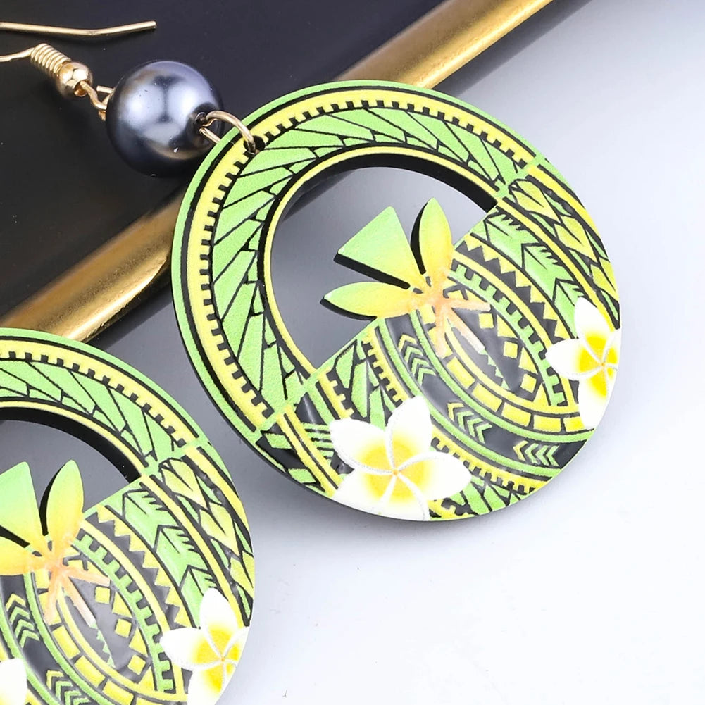 Cring Coco Women's Round Plumeria Drop Earrings Fashion Jewelry 2021 Hawaiian Flag Acrylic Resin Dangle Earring for Women Paty
