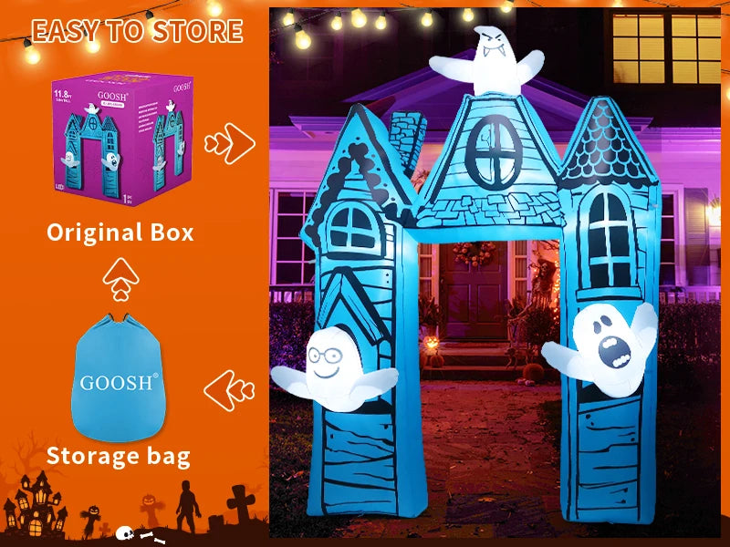 GOOSH 11.8 FT Halloween Inflatables Outdoor Indoor Party Decor Ancient Castle Archway Ghost Built-in LEDs Blow Yard Decorations