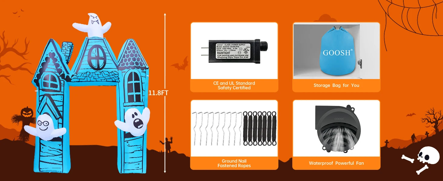 GOOSH 11.8 FT Halloween Inflatables Outdoor Indoor Party Decor Ancient Castle Archway Ghost Built-in LEDs Blow Yard Decorations