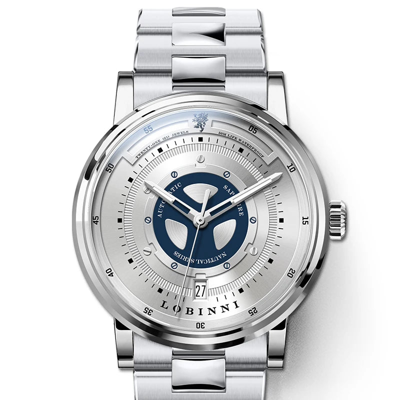 For LOBINNI High Quality Mechanical Men's Watch Famous Designer Brand Stainless Steel Leather Strap Year Date Display Classic
