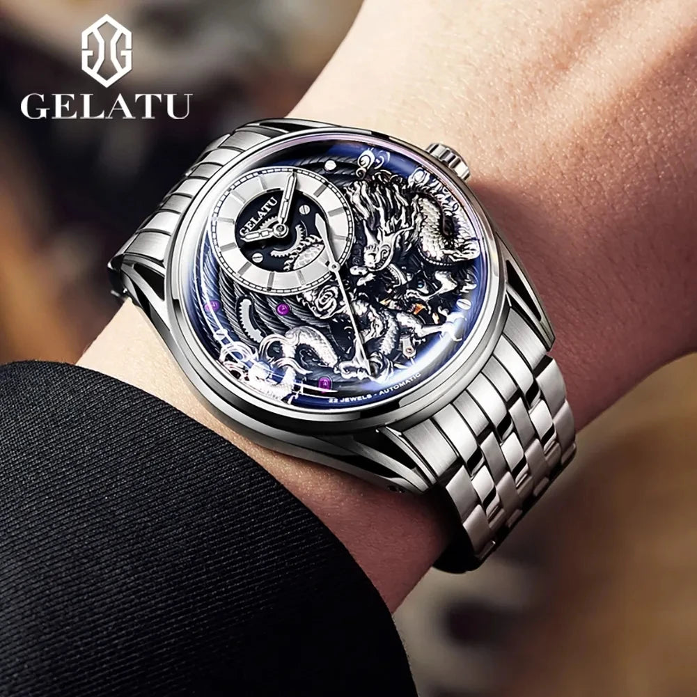 Gelatu 6018 Mens Style Automatic Mechanical Wristwatch 3D Dragon Waterproof Luminous Hands Stainless Steel Strap Watches for Men