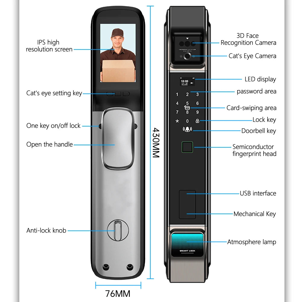 Tuya Wifi Smart Lock Door Smart Locks for Front Door Electronic 3d Face Recognition Smart Door Lock with Camera and Fingerprint