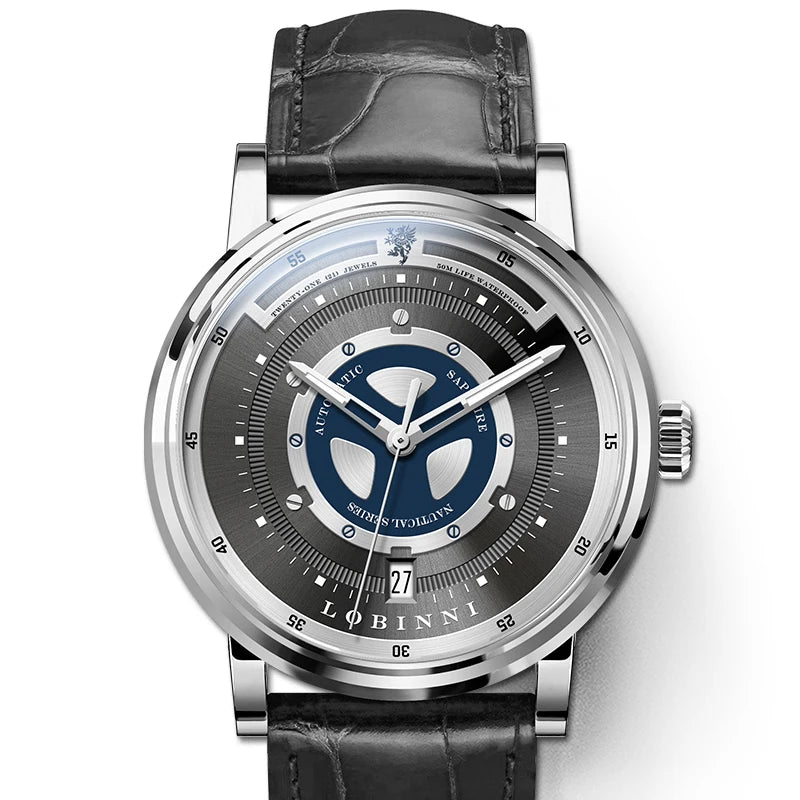 For LOBINNI High Quality Mechanical Men's Watch Famous Designer Brand Stainless Steel Leather Strap Year Date Display Classic